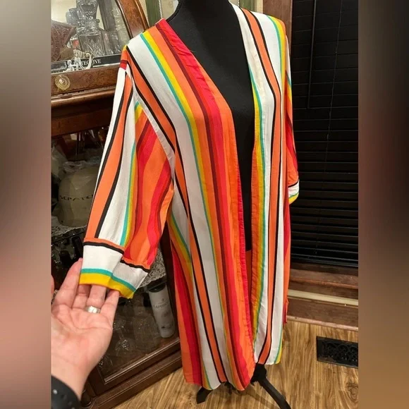 Express Multi-Color Striped Longline Kimono Duster Cardigan Boho Chic M/L - Picture 7 of 10